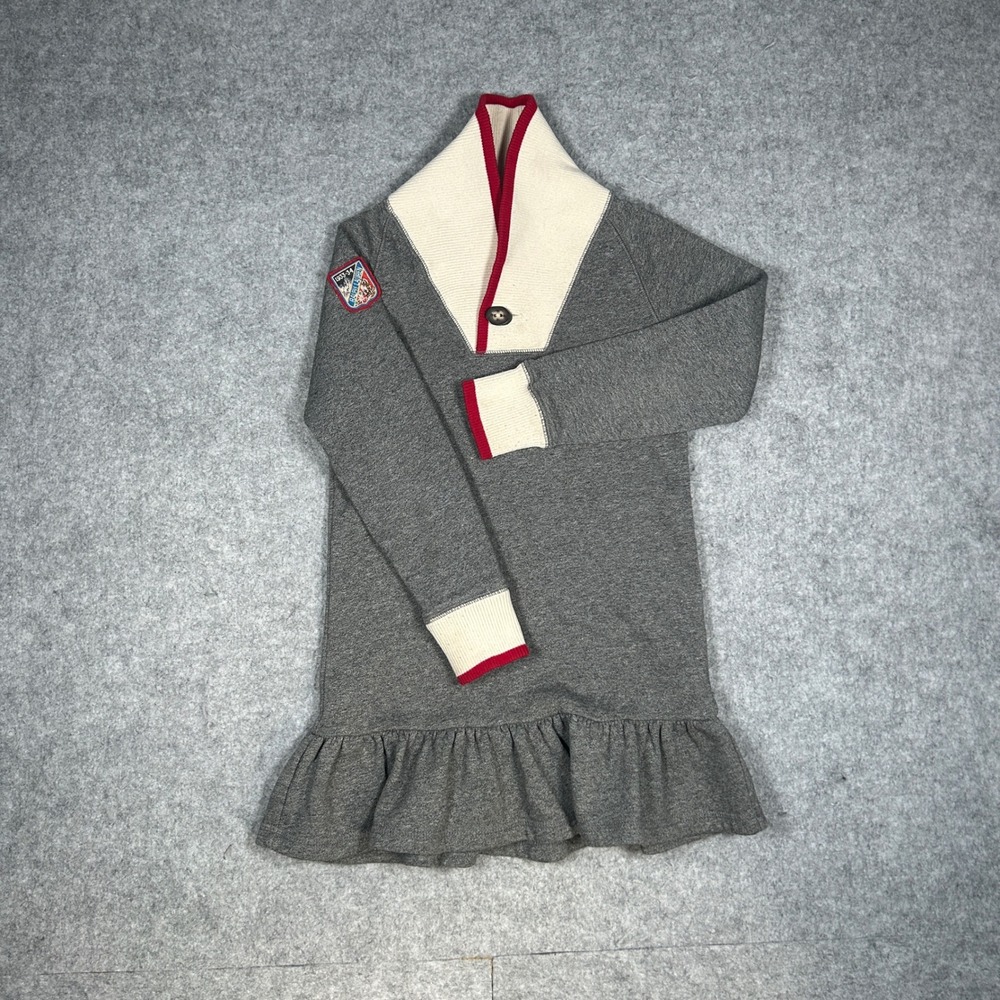 Ralph Lauren dress Girls 6 Gray Shawl Collar Fleece Ruffle Hem Ski Patch Preppy
